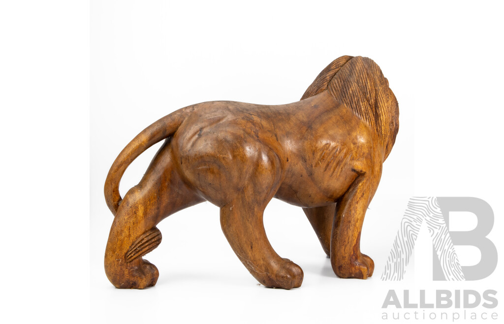 Heavily Carved Timber Stalking Lion Figure
