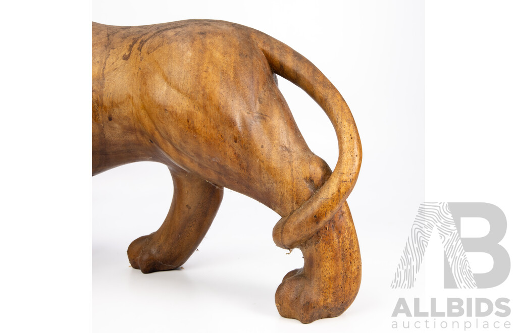 Heavily Carved Timber Stalking Lion Figure