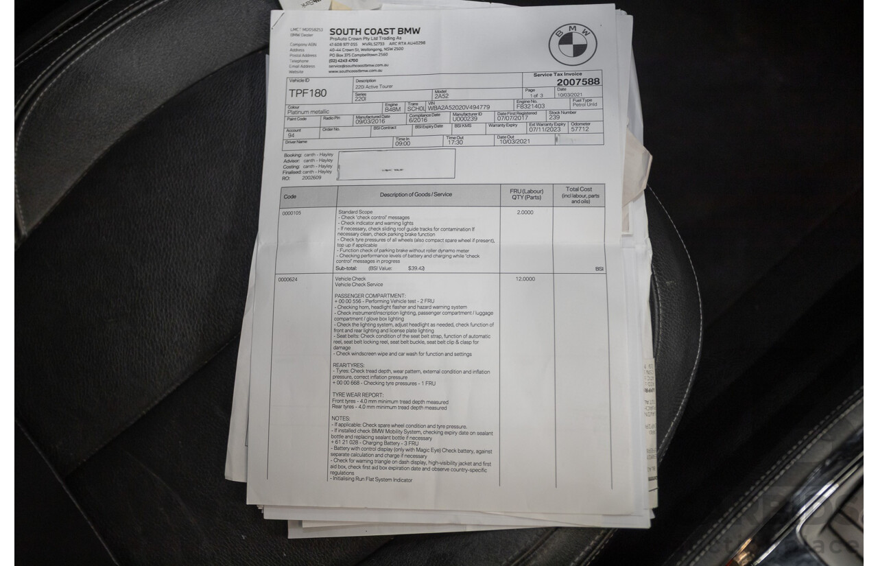 6/2017 BMW 220i Active Tourer Luxury Line F45 4D Wagon Platin Silver Metallic Turbo 2.0L