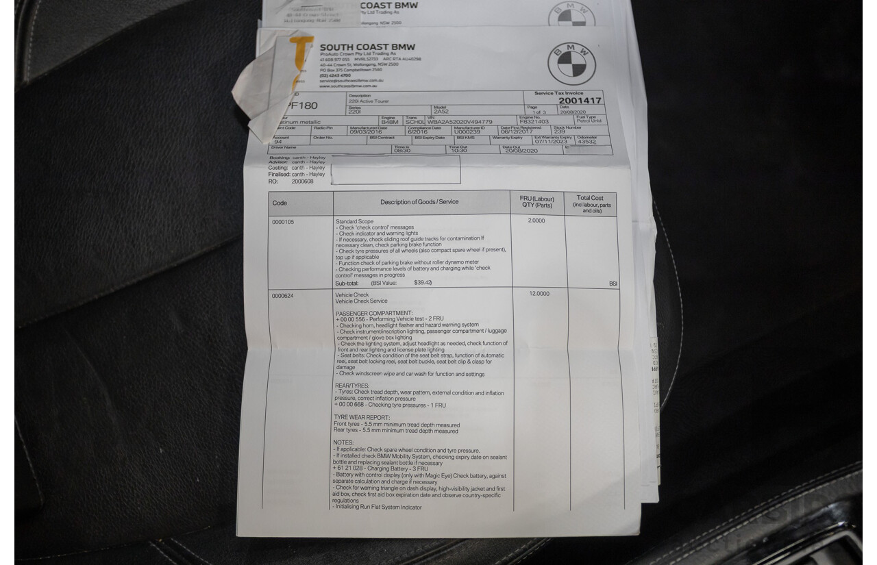 6/2017 BMW 220i Active Tourer Luxury Line F45 4D Wagon Platin Silver Metallic Turbo 2.0L