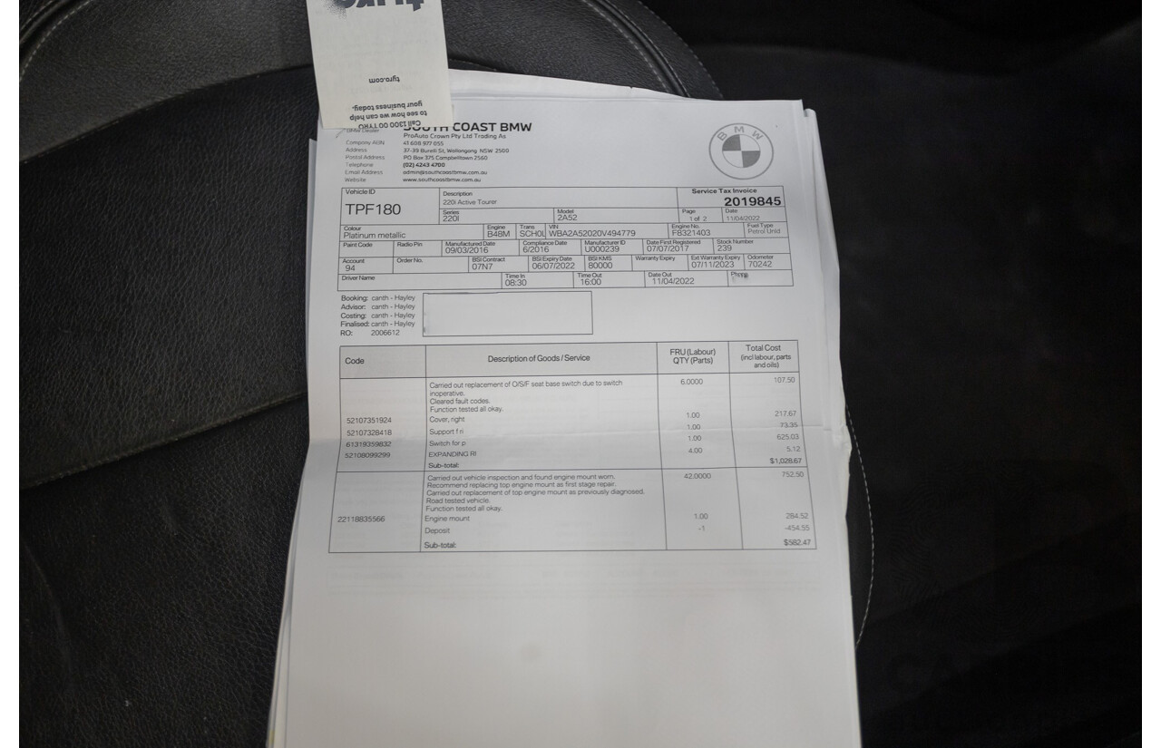 6/2017 BMW 220i Active Tourer Luxury Line F45 4D Wagon Platin Silver Metallic Turbo 2.0L