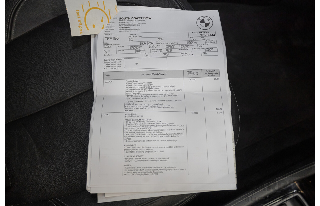 6/2017 BMW 220i Active Tourer Luxury Line F45 4D Wagon Platin Silver Metallic Turbo 2.0L