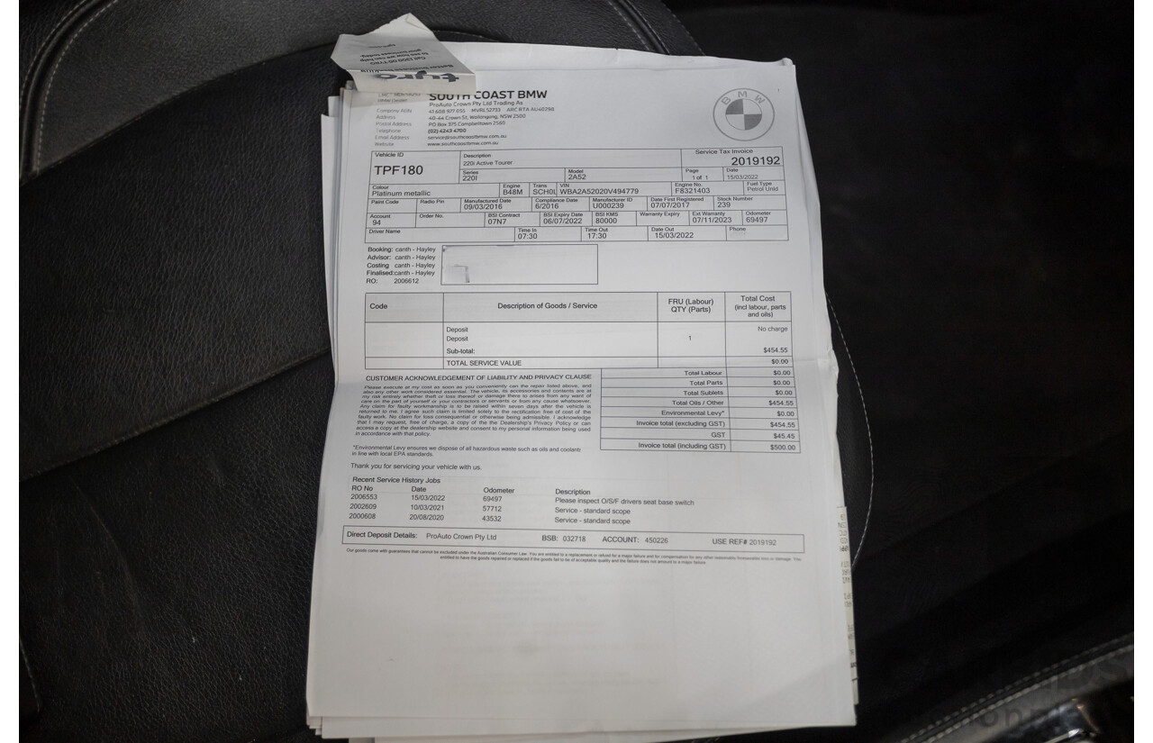 6/2017 BMW 220i Active Tourer Luxury Line F45 4D Wagon Platin Silver Metallic Turbo 2.0L