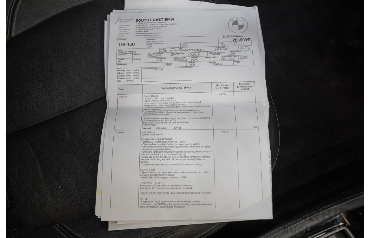 6/2017 BMW 220i Active Tourer Luxury Line F45 4D Wagon Platin Silver Metallic Turbo 2.0L