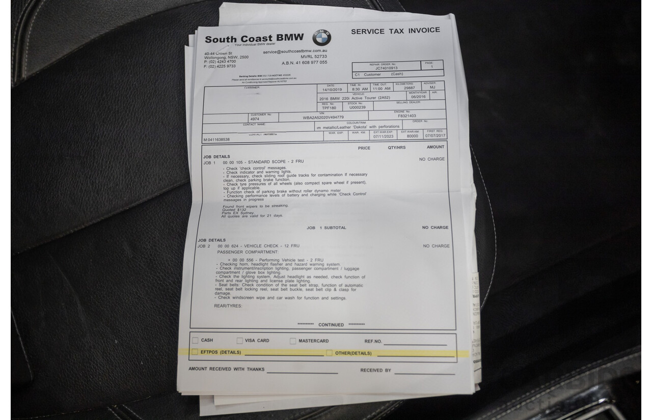 6/2017 BMW 220i Active Tourer Luxury Line F45 4D Wagon Platin Silver Metallic Turbo 2.0L