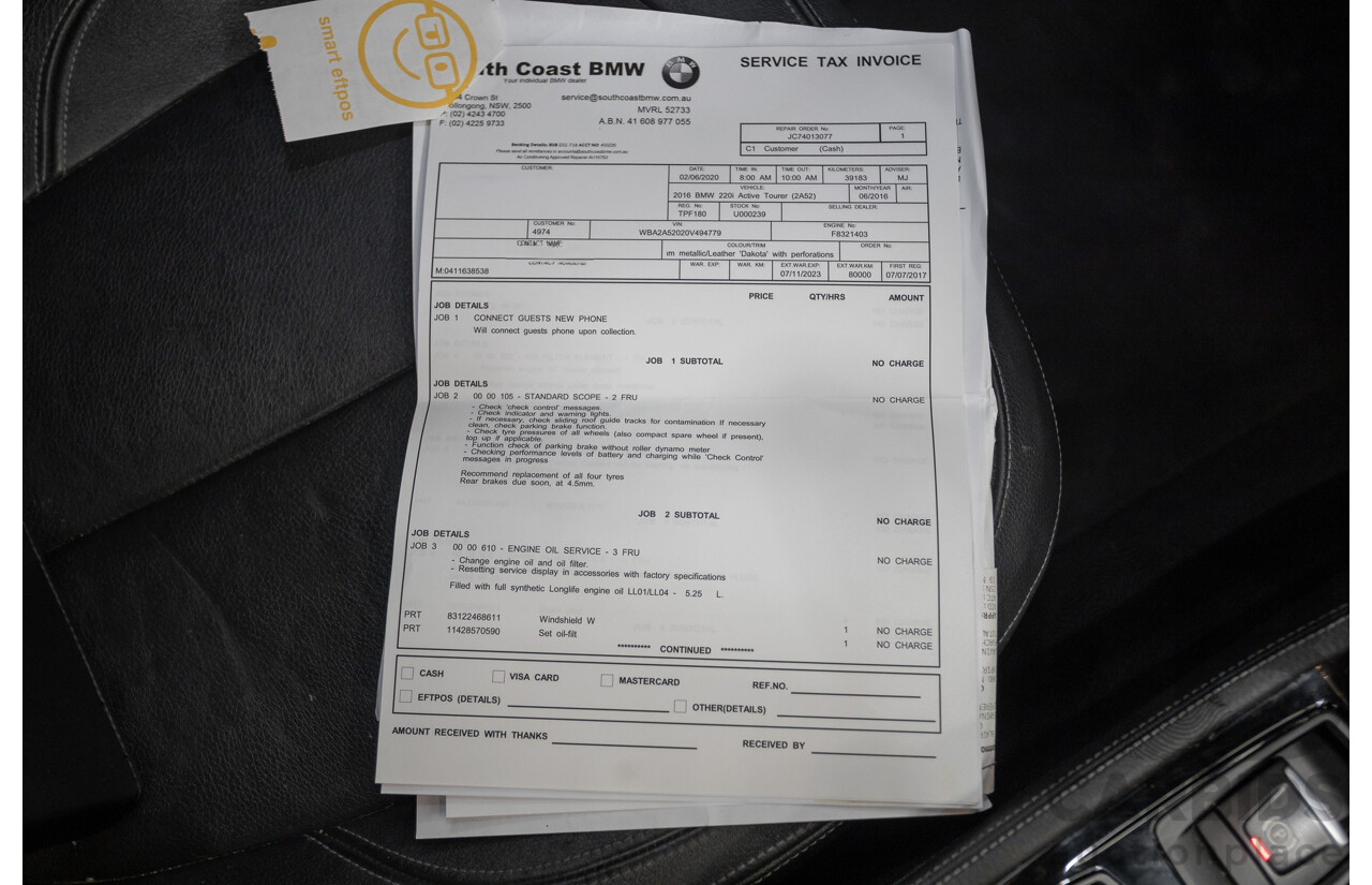 6/2017 BMW 220i Active Tourer Luxury Line F45 4D Wagon Platin Silver Metallic Turbo 2.0L