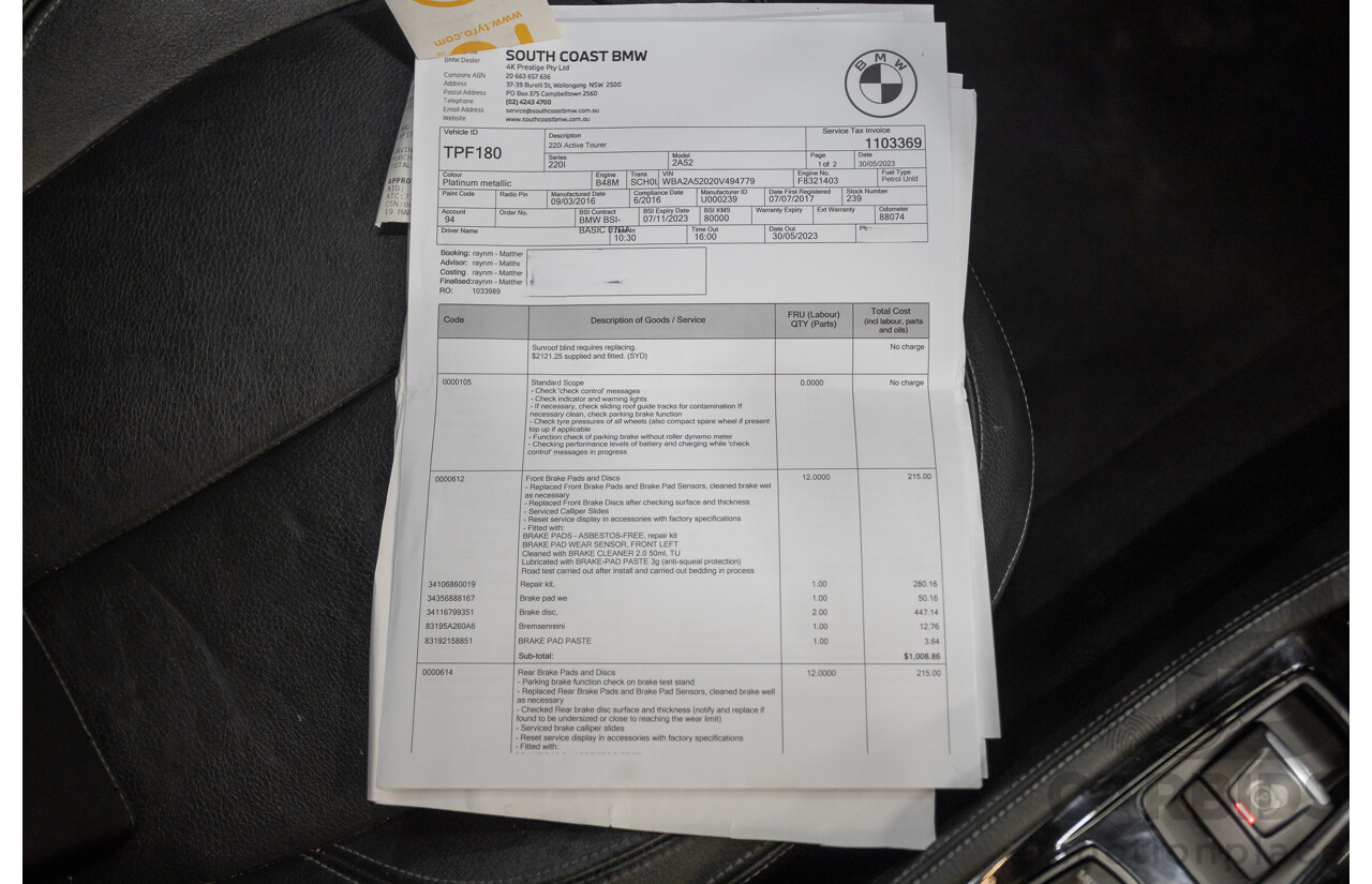 6/2017 BMW 220i Active Tourer Luxury Line F45 4D Wagon Platin Silver Metallic Turbo 2.0L