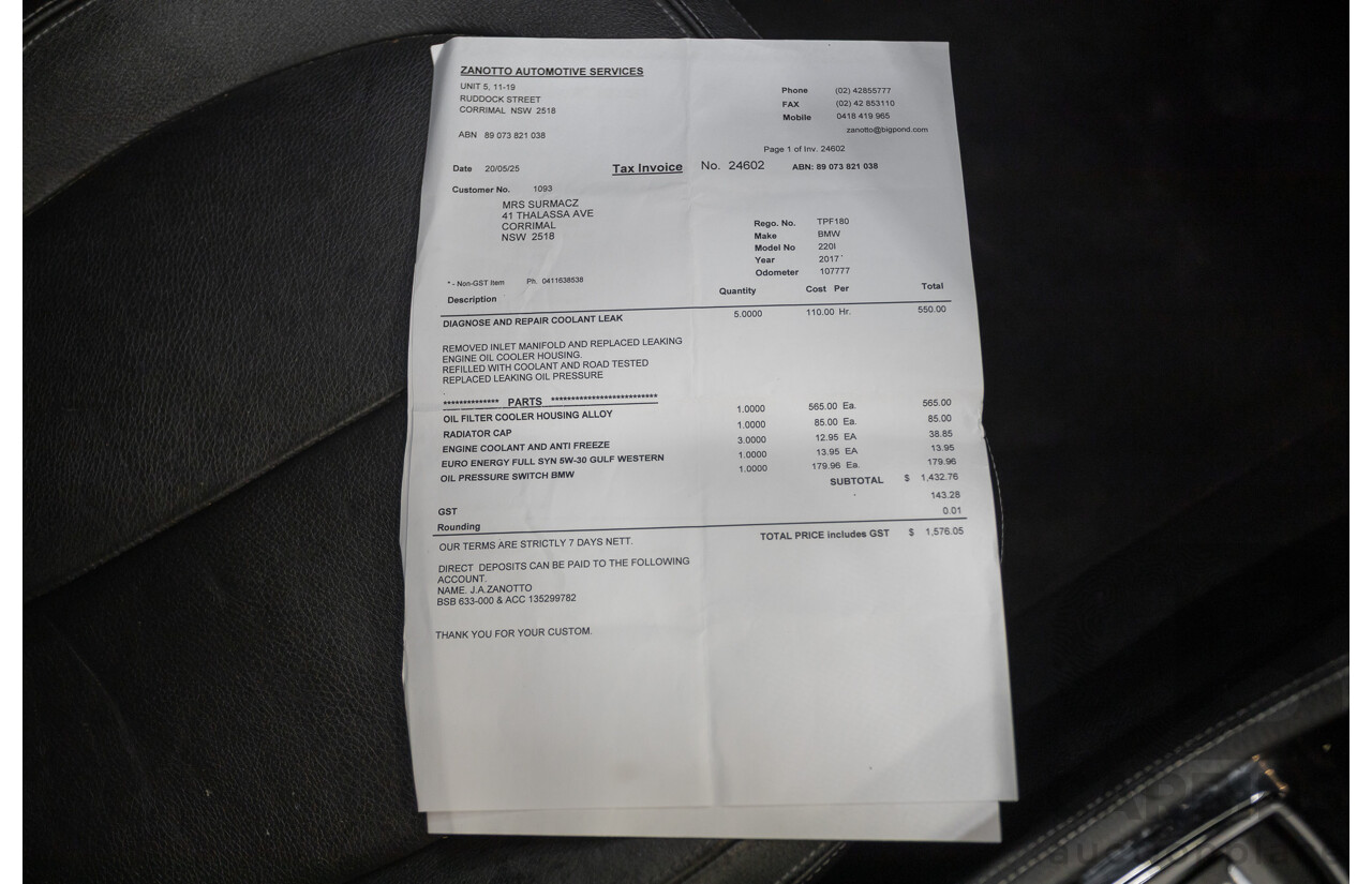 6/2017 BMW 220i Active Tourer Luxury Line F45 4D Wagon Platin Silver Metallic Turbo 2.0L