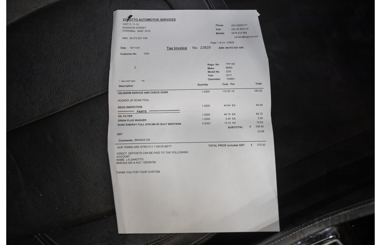 6/2017 BMW 220i Active Tourer Luxury Line F45 4D Wagon Platin Silver Metallic Turbo 2.0L