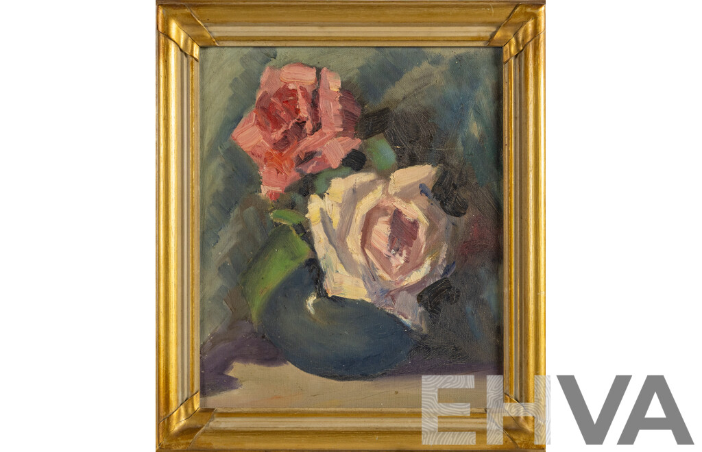 Artist Unknown, (20th Century), Blue Vase, Pink Roses, Original Vintage Oil on Canvas Board, 37 X 32 Cm (frame)