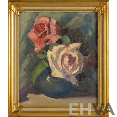 Artist Unknown, (20th Century), Blue Vase, Pink Roses, Absolutely Wonderful Original Vintage Oil on Canvas Board, 37 x 32 cm (frame)