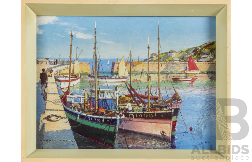 Donald Greig, (20th Century, British, 1916-2009), Gay Harbour, Cornwall, Lovely Vintage Offset Lithographic Print, 36 x 46 cm (frame)