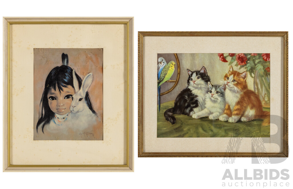 Gerda Christofferson, (20th Century. Canadian, 1917-2012) & Artist Unknown, Play Mates & Kitties Looking for Trouble, Pair of Vintage Retro Colour Prints, 33 x 28 cm (largest frame) (2)