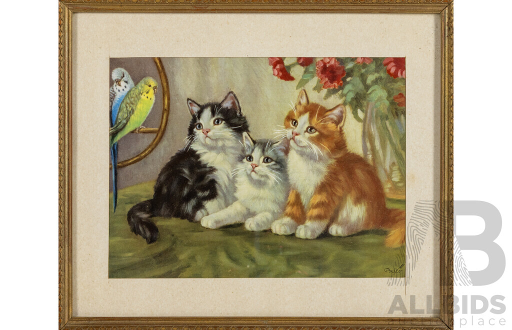 Gerda Christofferson, (20th Century. Canadian, 1917-2012) & Artist Unknown, Play Mates & Kitties Looking for Trouble, Pair of Vintage Retro Colour Prints, 33 x 28 cm (largest frame) (2)