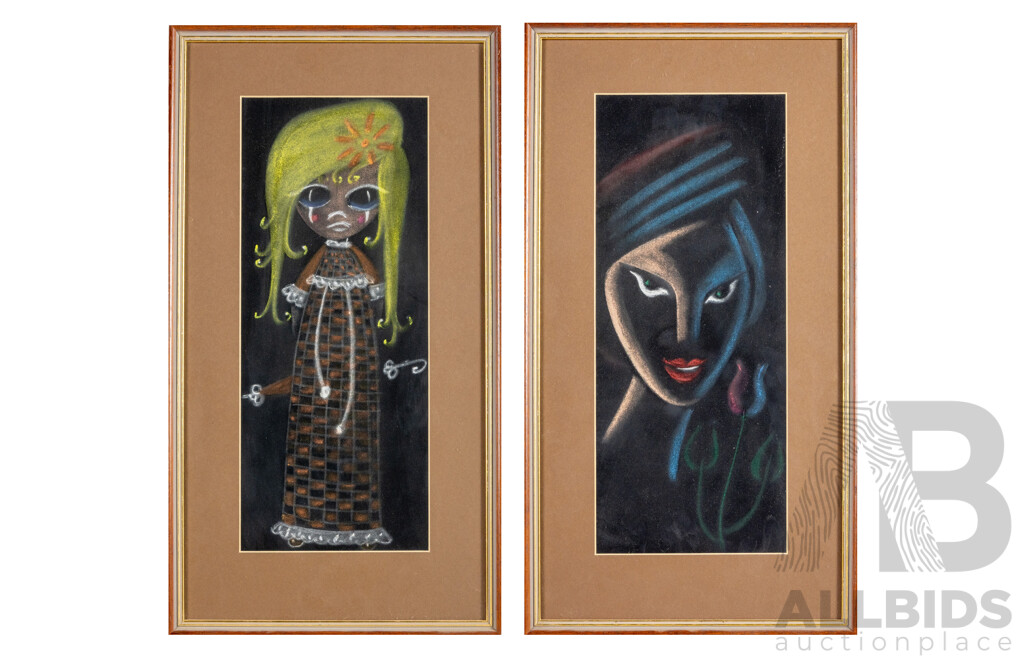 Carl Gabrelsen, (20th Century, Active c1960s), Girl with Tulip & Sad Girl (1967), Pair of Original Pastels, 55 x 30 cm (frames) (2)