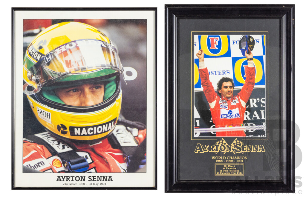 Pair of Ayrton Senna Colour Poster Prints, 51 x 41 cm & 53 x 36 cm (frames) (2)