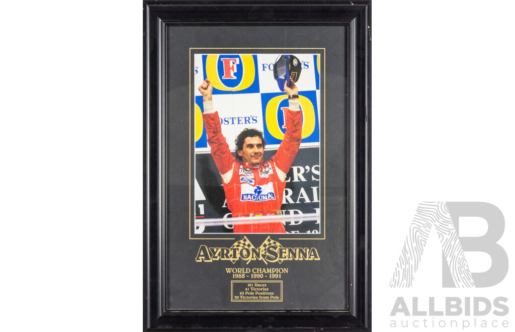 Pair of Ayrton Senna Colour Poster Prints, 51 x 41 cm & 53 x 36 cm (frames) (2)