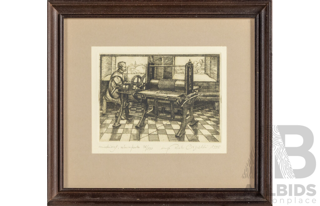 Piotr Ciegielski (20th Century, Polish), Polska Printing Press, Original Signed & Editioned Etching, 20 x 22 cm (frame)