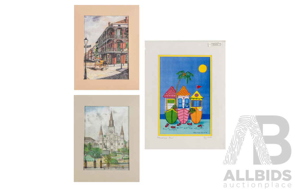 Trio of Reproduction Colour Prints, Houseboat Row Key West, Royal St New Orleans & St Louis Cathedral New Orleans, 41 x 30 cm (largest) (3)