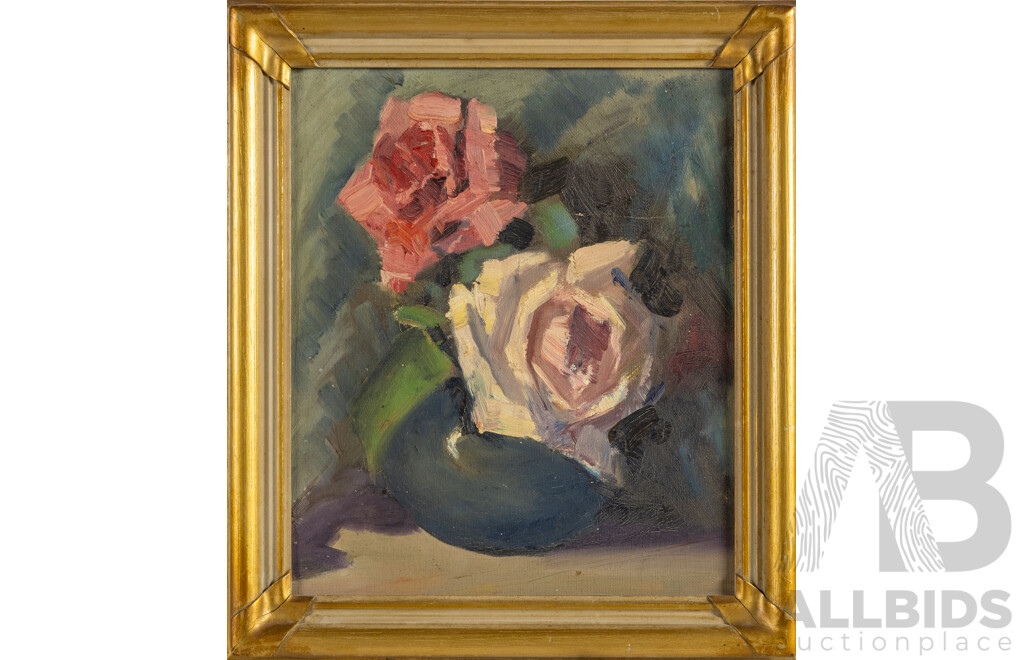 Artist Unknown, (20th Century), Blue Vase, Pink Roses, Absolutely Wonderful Original Vintage Oil on Canvas Board, 37 x 32 cm (frame)