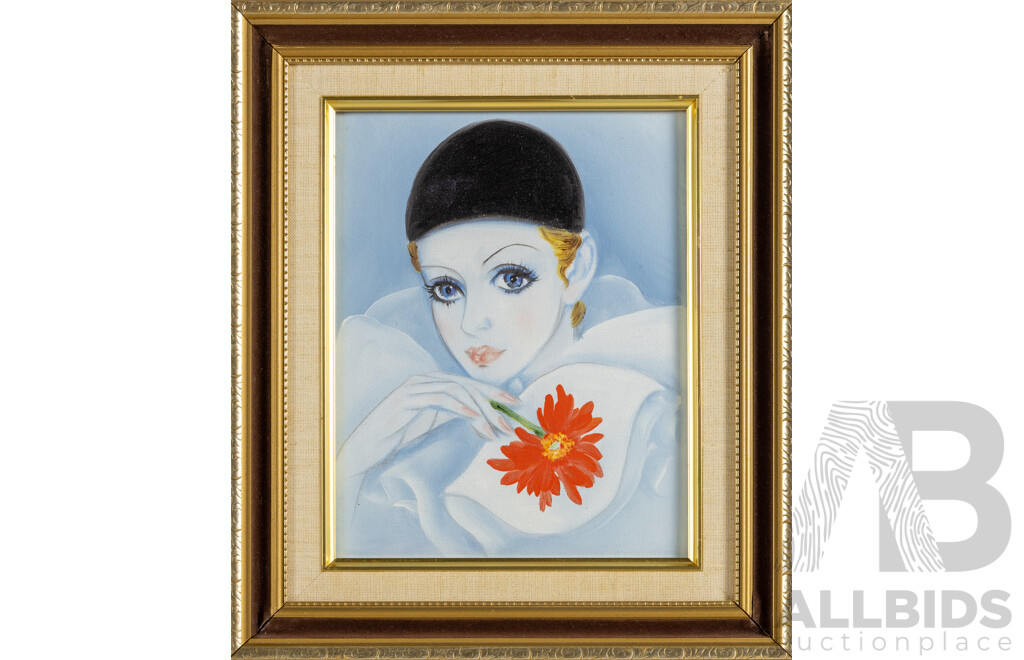 Artist Unknown (20th Century), Pierrot with Flower, Original Oil on Canvas Board, 35 X 30 Cm (frame)
