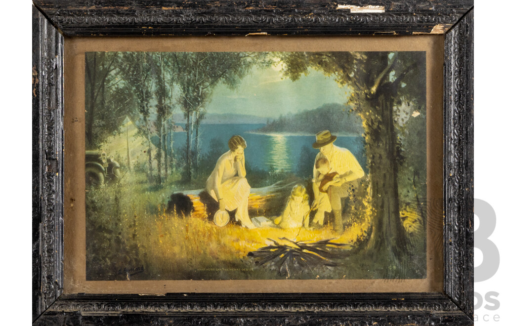 Artist Unknown (20th Century), Marshmallow Roasting with Family, Wonderful Antique Colour Print, 25 x 34.5 cm (frame)