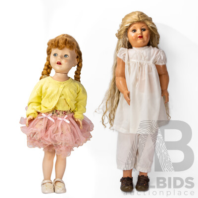 Wonderful 1950s Mid-Century Pedigree Walker & Antique Composite Early 1900s Pair of Doll Friends, 70H & 92H cm (approx heights both) (2)