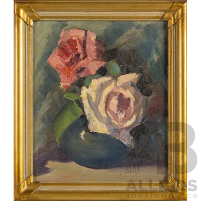 Artist Unknown, (20th Century), Blue Vase, Pink Roses, Absolutely Wonderful Original Vintage Oil on Canvas Board, 37 x 32 cm (frame)