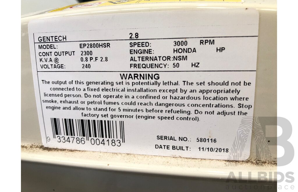 Gentech 2.8kVA Honda Powered Generator