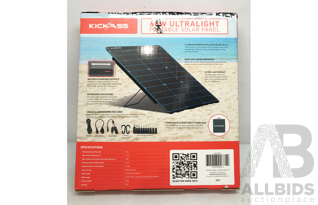 KickAss 12V 60W Portable Solar Panel and ECO-Baeerss Portable Solar Panel - Lot of 2