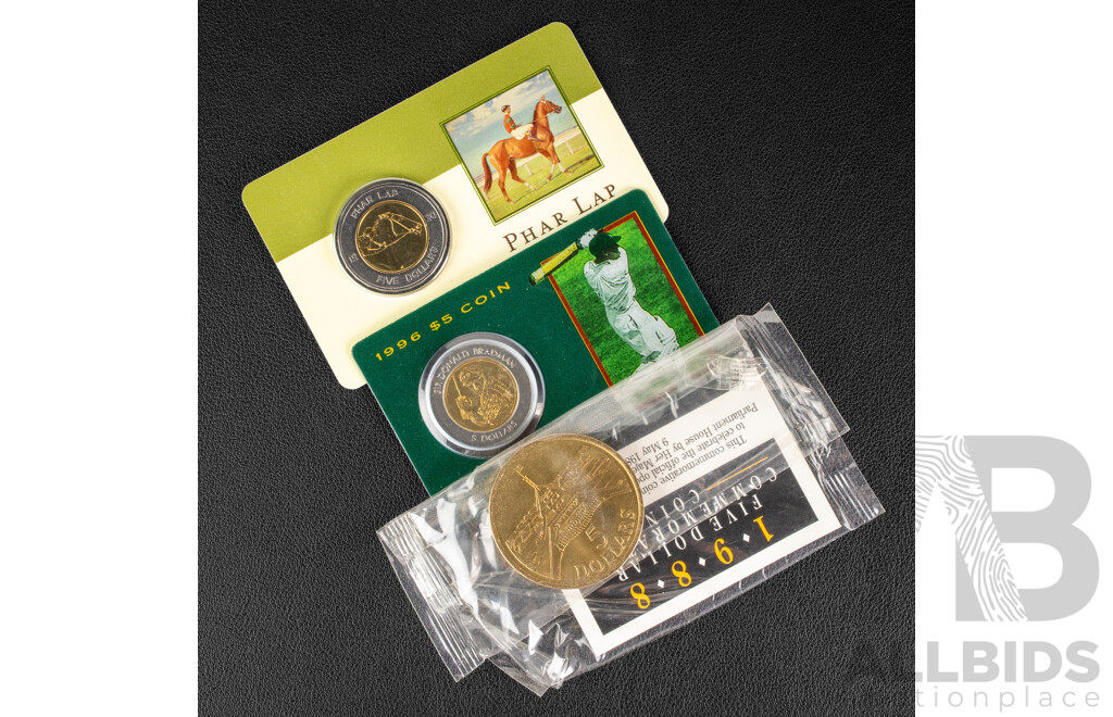Three Australian Commemorative Five Dollar Coins Including 2000 Phar Lap, 1996 Bradmam and 1988 Bicentennial