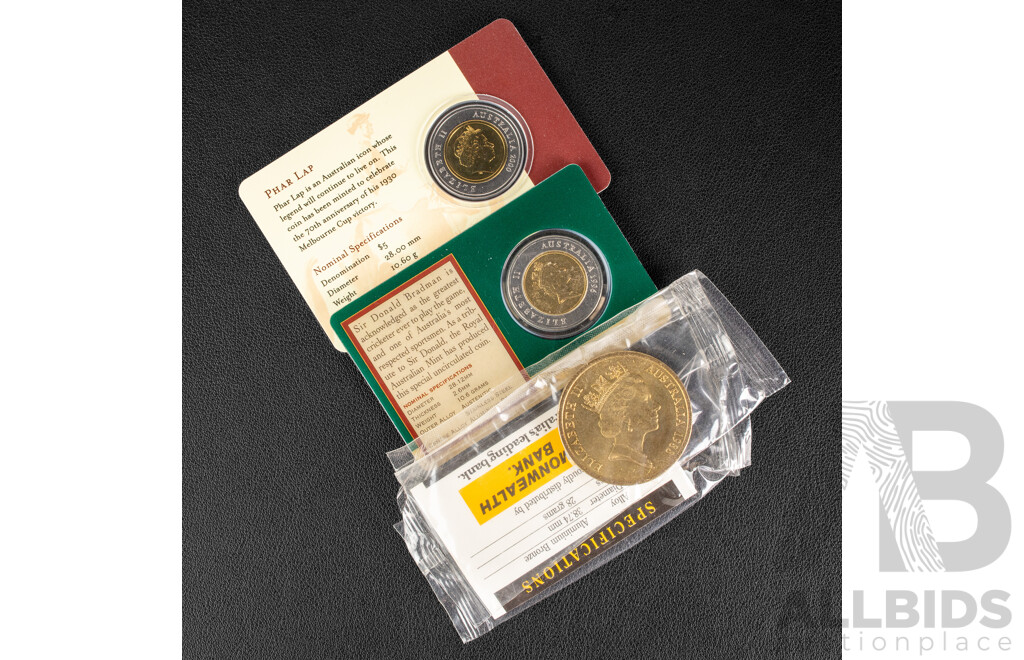 Three Australian Commemorative Five Dollar Coins Including 2000 Phar Lap, 1996 Bradmam and 1988 Bicentennial