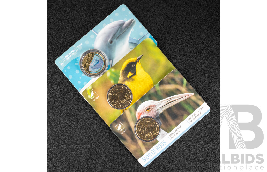 Three Australian Commemorative One Dollar Coins Including Two 2020 ANDA Mob of Roos, Brolga Privy Mark and Helmeted Honeyeater Privy Mark, 2021 RSPCA 150 Years, Coloured Dolphin