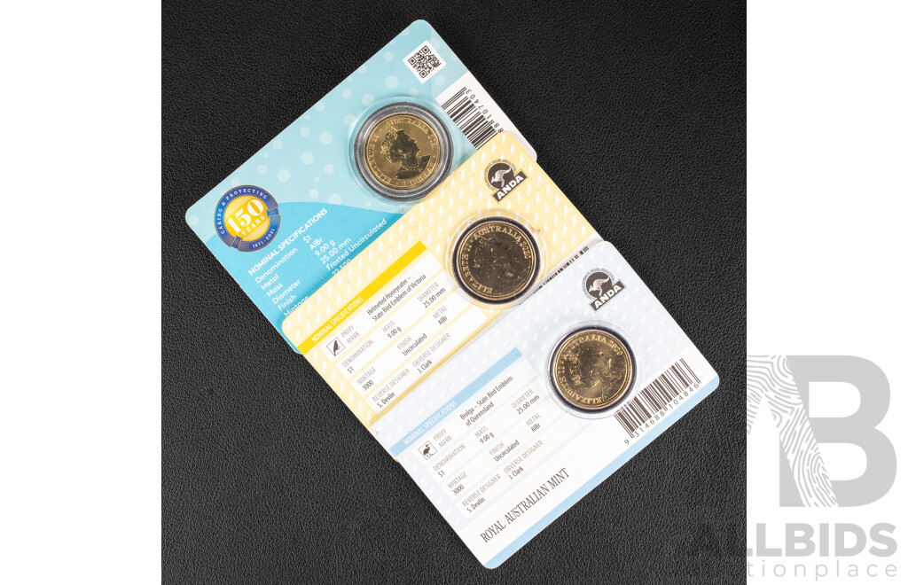 Three Australian Commemorative One Dollar Coins Including Two 2020 ANDA Mob of Roos, Brolga Privy Mark and Helmeted Honeyeater Privy Mark, 2021 RSPCA 150 Years, Coloured Dolphin