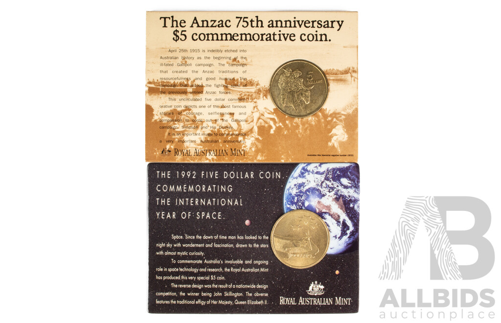 Two Australian Five Dollar Coins 1990 ANZAC and 1992 Year of Space