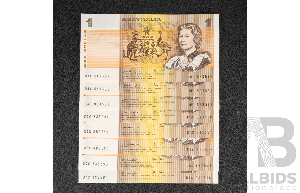 Eight Australian 1979 UNC One Dollar Notes, Knight/Stone R77 Consecutive 