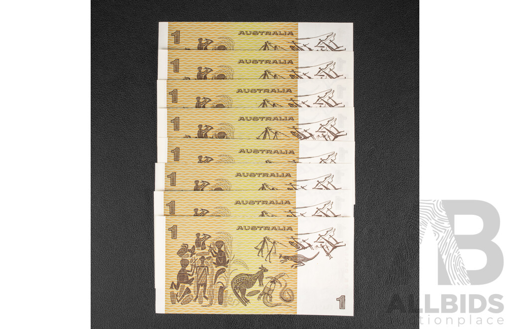 Eight Australian 1979 UNC One Dollar Notes, Knight/Stone R77 Consecutive 