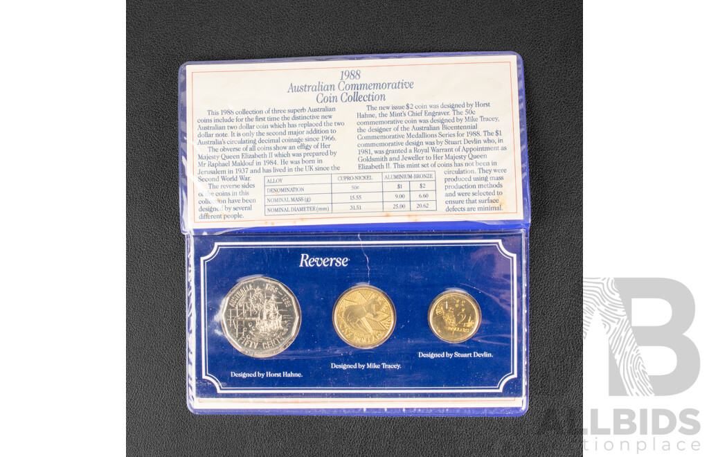 Australian 1988 UNC Fifty Cent, One Dollar,Two Dollar Coins, Arnotts Coin Collection