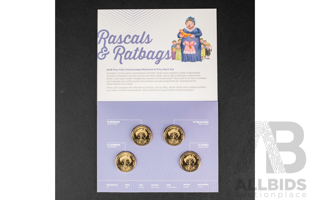 2018 Set of 4 $1 mint marked UNC coins. Rascals and Ratbags.