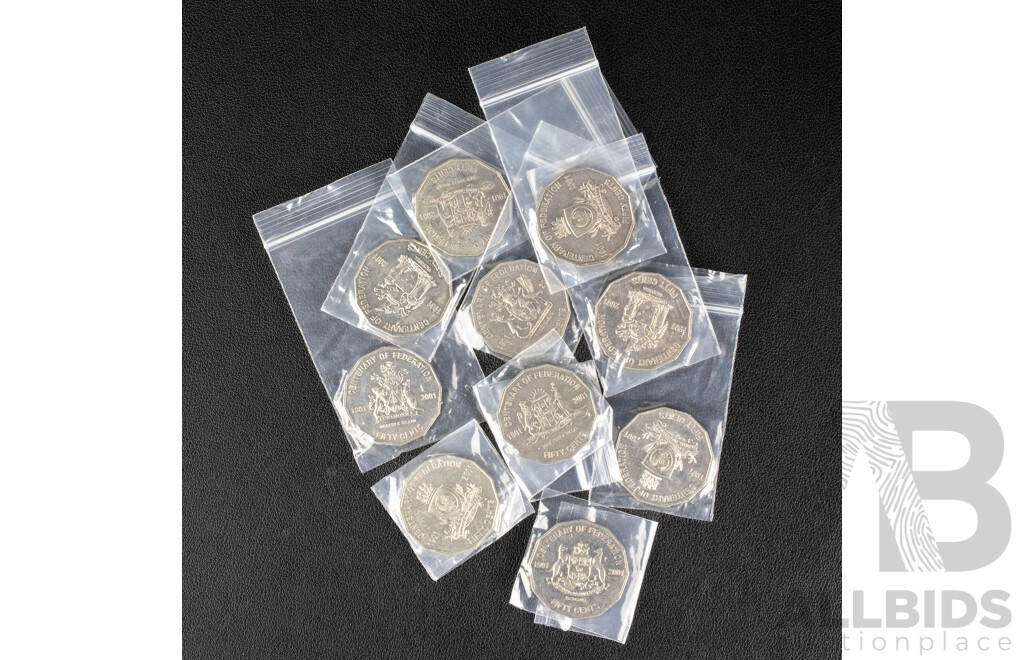 Ten Australian 2001 UNC Fifty Cent Coins, Federation, No WA,NT, ACT.