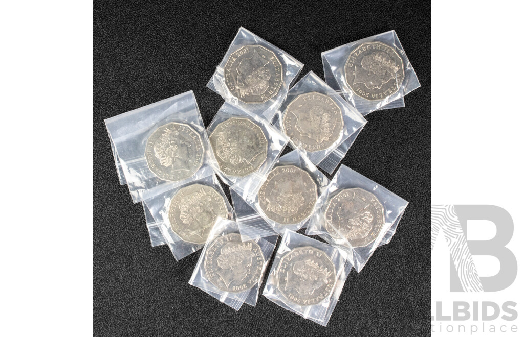 Ten Australian 2001 UNC Fifty Cent Coins, Federation, No WA,NT, ACT.