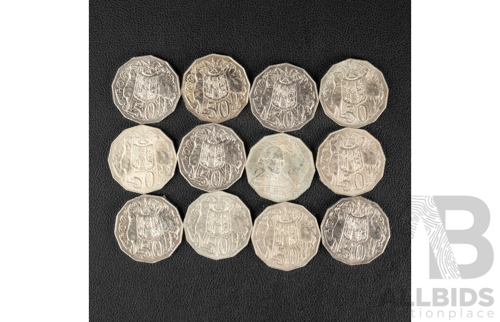 Twelve Australian UNC 1969-2013 Fifty Cent Coins, No Duplicates