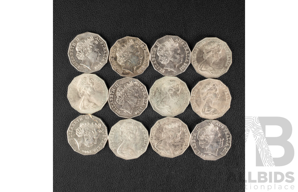 Twelve Australian UNC 1969-2013 Fifty Cent Coins, No Duplicates