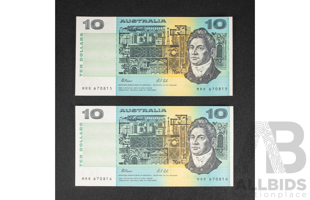 Two Australian 1991 UNC Ten Dollar Notes R313bL Fraser/Cole, Consecutive, Last Prefix