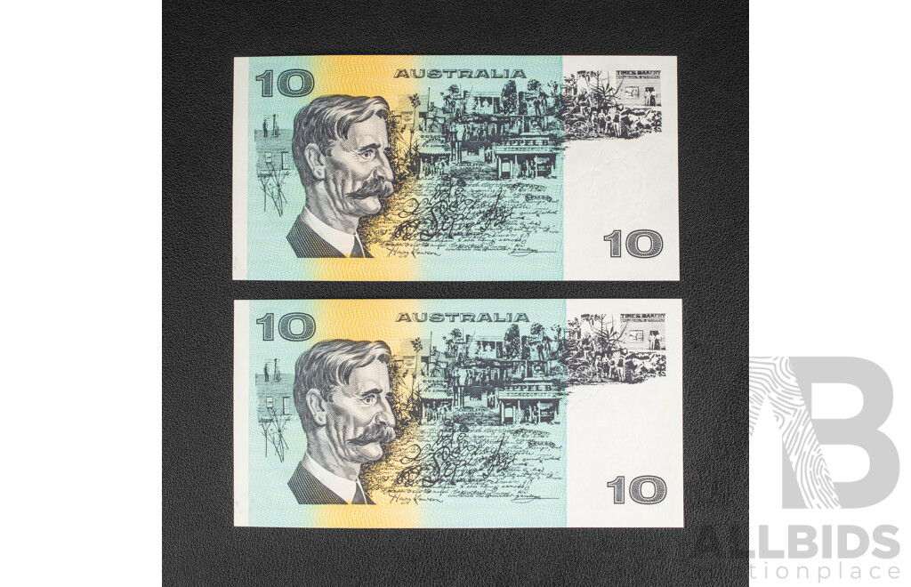 Two Australian 1991 UNC Ten Dollar Notes R313bL Fraser/Cole, Consecutive, Last Prefix
