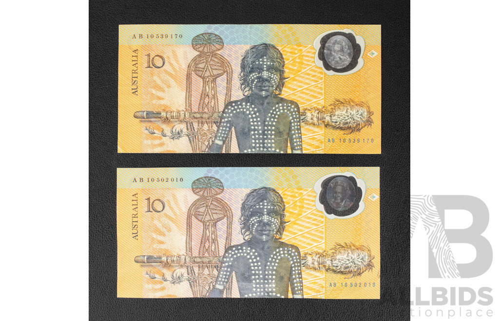 Two Australian 1988 Ten Dollar Notes, Bicentennial Fraser/Evans, Reissue First Prefix R310bf