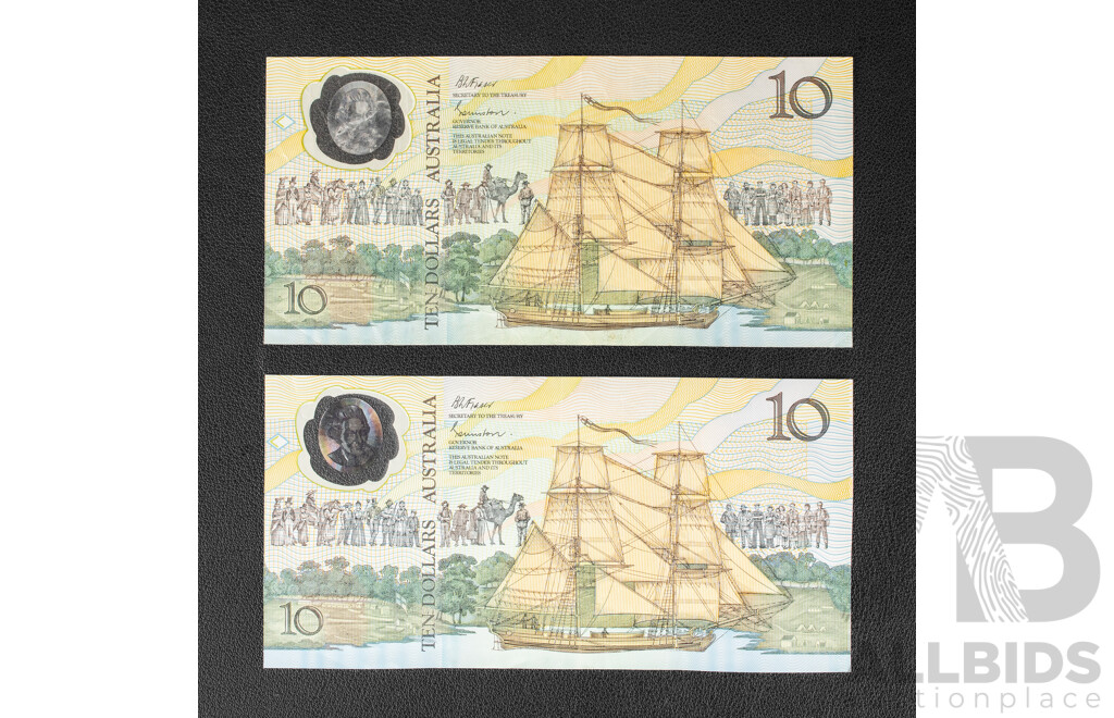 Two Australian 1988 Ten Dollar Notes, Bicentennial Fraser/Evans, Reissue First Prefix R310bf