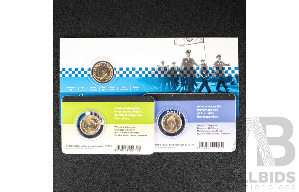 Three Australian Commemorative Two Dollar Coins Including 2021 Australian Ambulance Services, 2021 Indigenous Military Service, 2019 Police Remembrance C Mint Mark