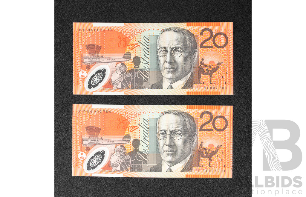 Two Australian 1994 UNC Twenty Dollar Notes, Fraser/Evans, Consecutive FF9407703 - FF9407704