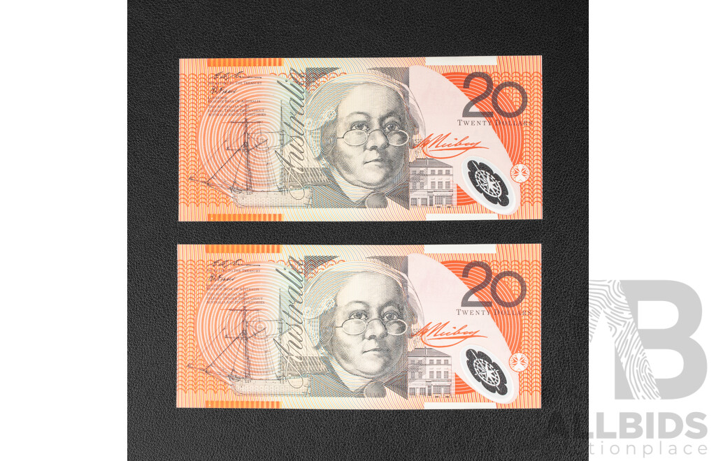 Two Australian 1994 UNC Twenty Dollar Notes, Fraser/Evans, Consecutive FF9407703 - FF9407704